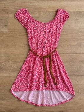 Pink Floral Off Shoulder Dress w/ Braided Belt Cottagecore Boho Women’s Small